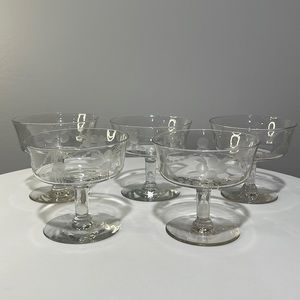Vintage Mid-century modern etched short-stem champagne sorbet glasses set of 5